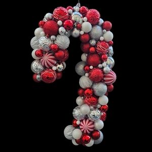 Handmade Christmas Ornament Candy Cane Wreath. Red and white holiday decor